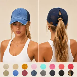 C.C Ponytail Baseball Cap for Women – Distressed Denim, Adjustable Criss-Cross Back, Sun Protection, Perfect for Mother's Day Gift
