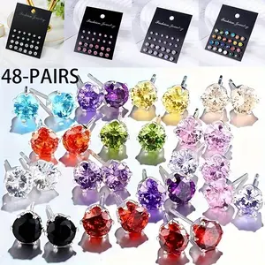 48-Pairs Luxury Women Inlaid Synthetic Zirconia Round Earring Set Multi-Colored Exquisite Shiny Ear Stud Bohemian Earrings Vacation Travel Beach Jewelry Set