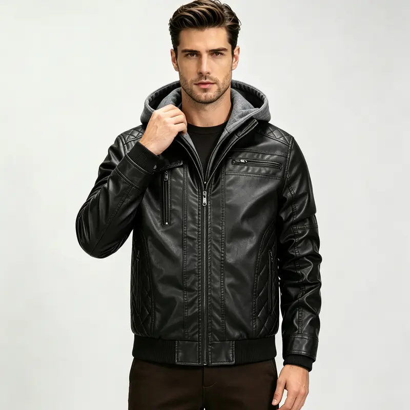 Men’s detachable hood PU leather motorcycle jacket for autumn/winter, featuring diamond stitching and reinforced wear resistance; multiple zippered pockets balance practicality with a trendy look; ribbed hem provides a snug fit, windproof and warm; availa