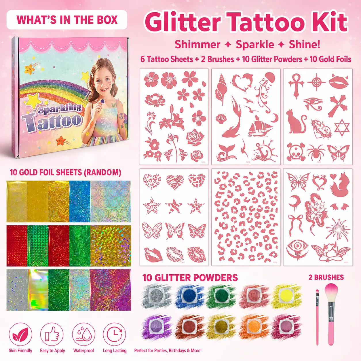 6 Sheets Temporary Glitter Tattoo Stickers, 60+ Unique Stencils, 10 Glitter Colors, 2 Brushes, Glitter Body Art Makeup Kit for Adults & Kids, Party, Festival & Beach Vacation Accessories, Summer Outfit Accessories to Brighten Your Summer Look