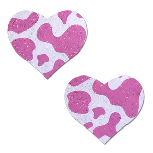 Love: Pink Strawberry Cow Print Heart on Soft Glittery Velvet Nipple Pasties by Pastease