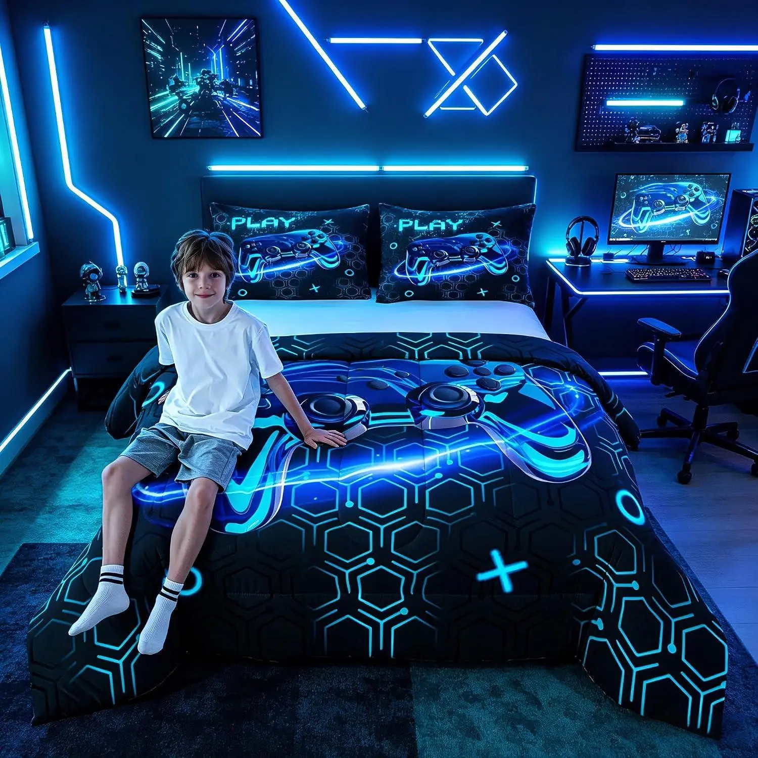 Gamer Comforter Set Gaming Bedding Set Game Room Decor Duvet Quilt Bedroom Gamepad Decor Blue Microfiber Ultra Soft Breathable