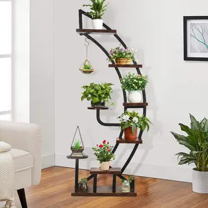 VIVOHOME 6 Tier 9 Potted Steel-Wood Plant Stand with Hanger, Curved Flower Pot Holder Shelf