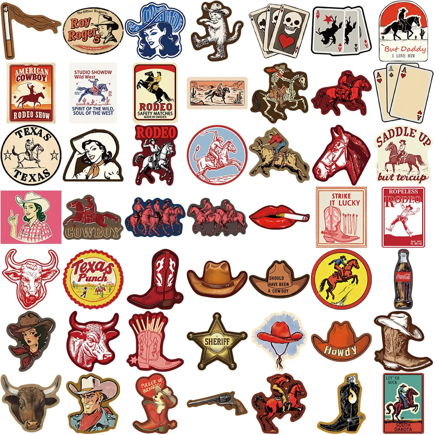50Pcs Country Western Cowboy Stickers, Red Cowgirl Vinyl Waterproof Decals, Aesthetic Stickers for Water Bottle Laptop Teens & Adults
