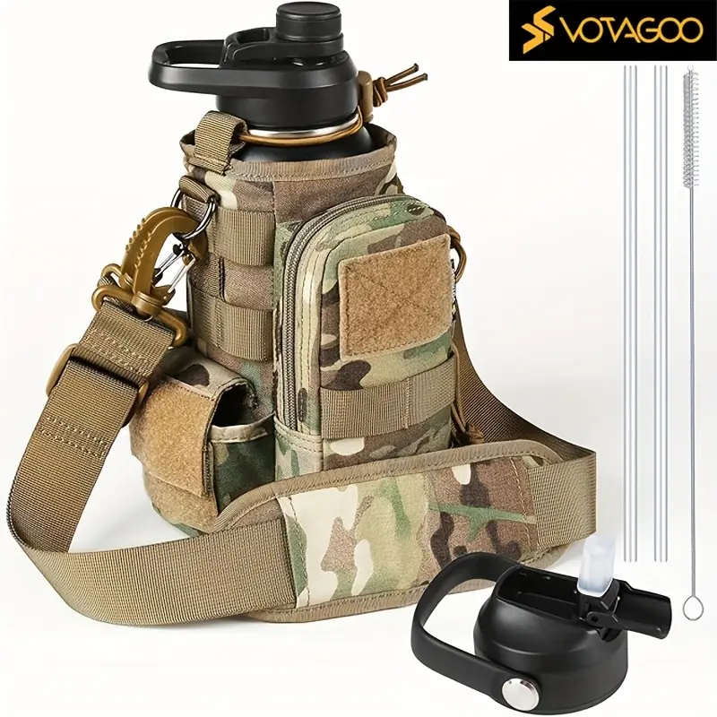 32 Oz Insulated Water Bottle - Stainless Steel Tactical Flask With Straw Lid & Chug Cap, Metal Military Water Bottle With Rugged, Removable Sleeve Can Place Items For Hiking Camping Hunting