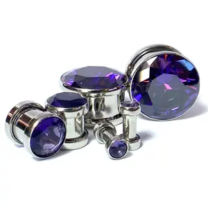 PAIR Large Purple Gem Screw Fit Tunnel Plugs Gauge Pierced Body Jewelry Piercing