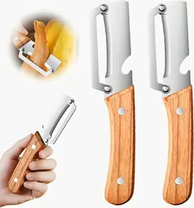 2PCS 2-in-1 Fruit & Veggie Peeler with Bottle Opener Sharp Stainless Steel Wooden Handle Ergonomic Non-slip Design for Comfortable Grip
