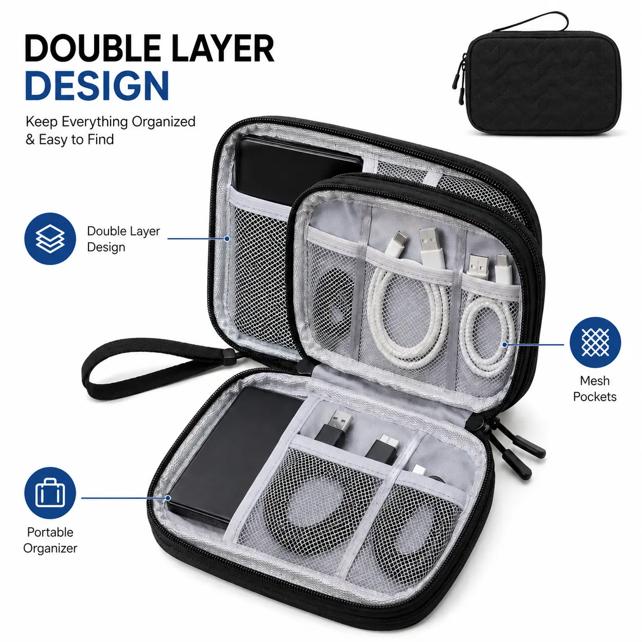 Double Layer Fabric Tech Tool Storage Bag - Compact, Antitangle, Multicompartment Organizer Pouch for Chargers, Earphones, USB Cables, Phone Accessories; Digital Nomad Travel, Home Desk Clutter Control