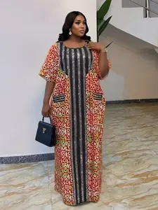 Women's African Traditional Print Dress, Loose Fit Plus Size Short Sleeve Embroidered Robe, Ethnic Long Casual Chic Dress with Headscarf