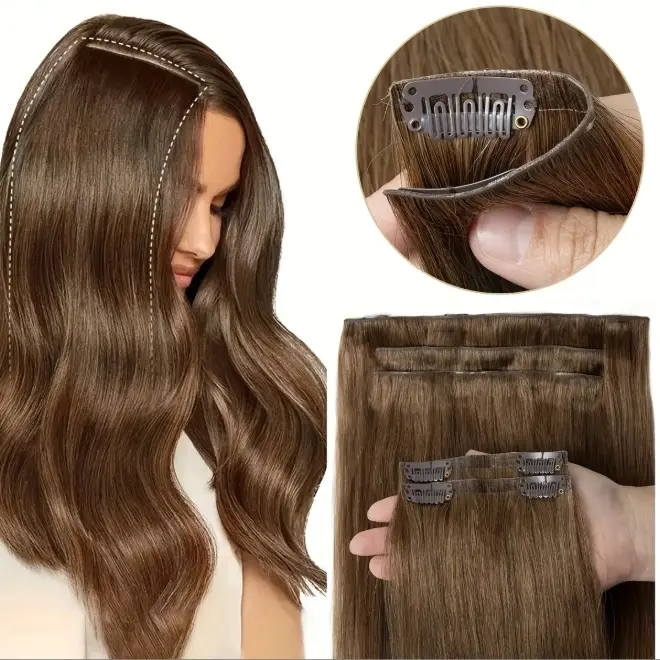 7Pcs Seamless Clip‑In Straight Brazilian Remy Human Hair Extensions, No‑Glue PU Clips, 12‑24 Inches, 110‑120g/Set, Natural Black/Brown/Blonde, Adds Volume & Length, Quick Hairstyle Transformation, Versatile Styling