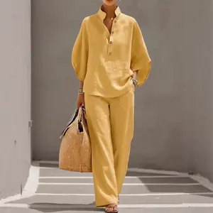 Women's 2-Piece Plus Size Loose Lounge Set - Quarter-Zip Half-Sleeve Round Neck Pullover Top, Wide Leg Pants, Casual Sweatsuit, Minimalist Basic 2026 Summer Solid-Color Womenswear, Women's Clothes