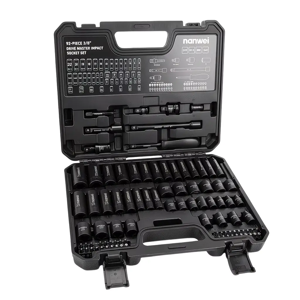【summerfinds】NANWEI 92-piece 3/8-Inch Drive Impact Socket Set, Metric & SAE, with Extension Bars, Universal Joint & Storage Case, Metric (8-22mm), SAE (5/16 - 3/4 Inch), 6 Point, CR-V, with Wrench Handle, E-type Crosshead,