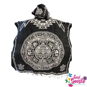 Man Poncho with Hoddie Warm and Cozy One Size Mexican Aztec Calendar, Aztec Warrior.