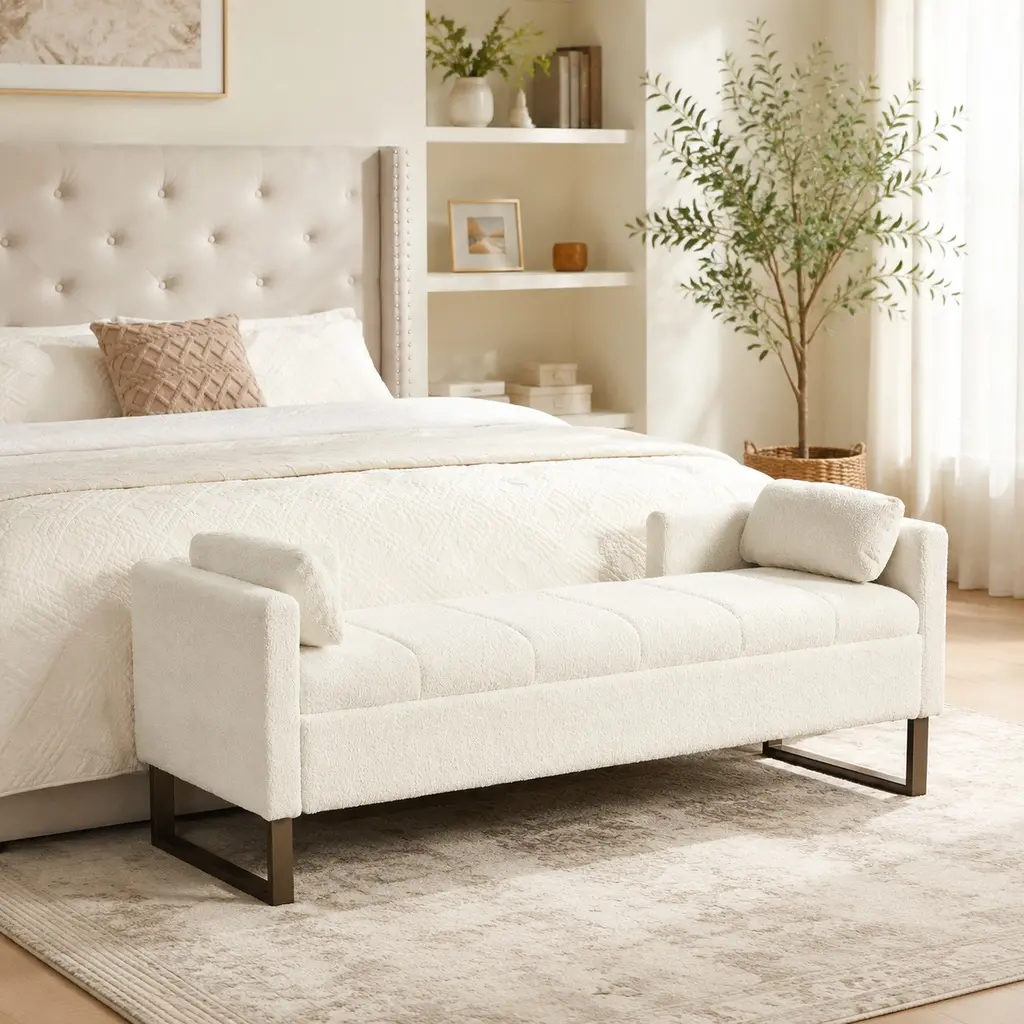 63.98" Wide Upholstered Storage Bench with Flip-Top, Chenille Footrest Ottoman with Armrests Backrest 2 Bolster Pillows, Metal Legs, for Living Room End of Bed Hallway Entryway Bedroom, Ivory/Charcoal/Light Gray Options, Charcoal/Ivory/Light
