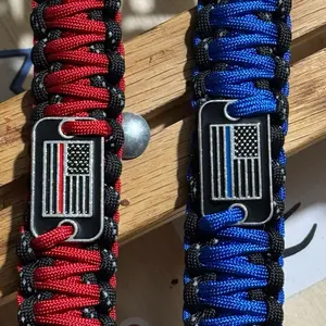 Handmade  Heavy Duty Keychain with Metal Thin Line Flag - Red and Blue Paracord Design for Durability and Style