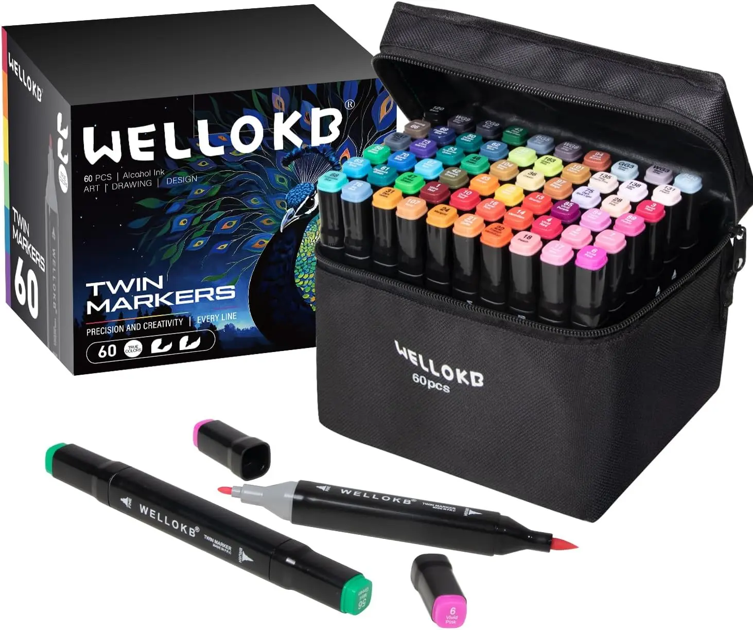 WELLOKB Alcohol Markers Set (24/48/60/80/120/168 Pcs) - Acrylic Marker Pen, Colorful Painting Kit, Office Stationery, School Supplies, Ideal Gift for Book Coloring Artists, Blendable Markers, Blending Ability