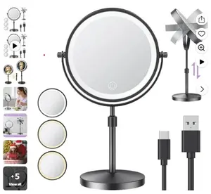 Eotvia 5X Magnifying Lighted Makeup Mirror with 360° Rotation, Touch Sensor Control, Height Adjustable Stand, Large 8.5 Rechargeable 3 Color Mode Dimming Cosmetic Mirror for Home Bathroom Vanity