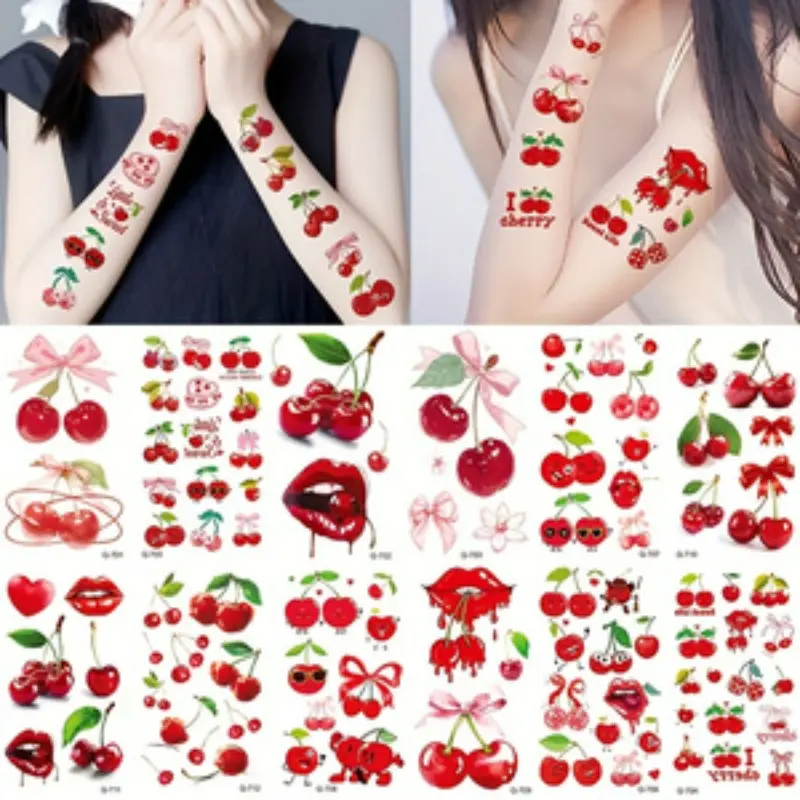 12pcs Set of 3D Fresh Matte Tattoo Stickers, Cute Bow and Cherry Lip Designs for Birthday Party Decorations, Eye-Catching Temporary Tattoos, Painless Tattoos