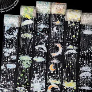 6 types 12m decorative tape featuring raindrops, umbrellas, plants flowers, rainy season theme, simple retro style, made PET waterproof material, DIY journal decoration scrapbook material tape