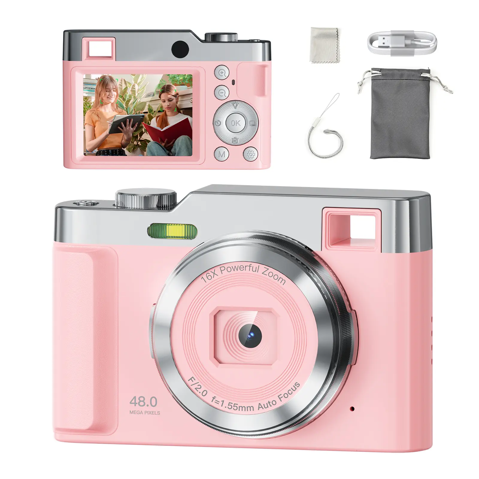 Pink DC02 Digital Camera, 48MP 4K UHD Vlogging Camera with Auto Focus, 16X Zoom, 500mAh Battery & Fill Light
