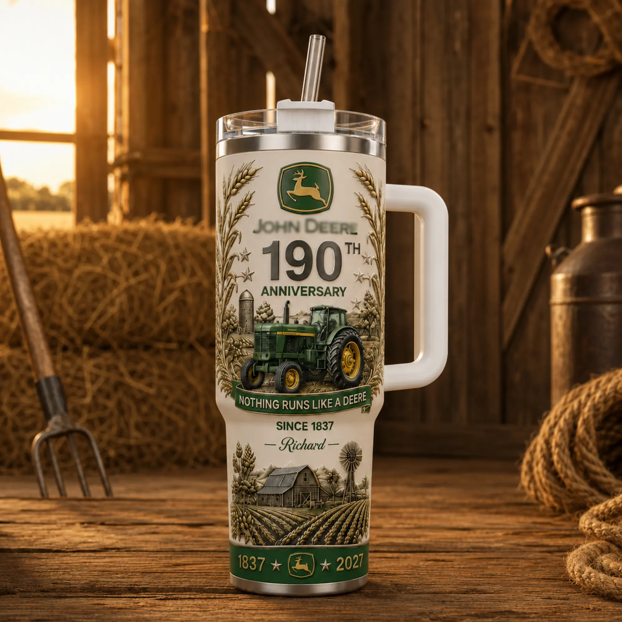 Johndeere 190th Anniversary 40oz Tumbler with Handle & Straw, Personalized Vintage Green Tractor Insulated Travel Mug, Rustic Farm Stainless Steel Cup, Nothing Runs Like a Deere, Custom Farmer Gift for Dad Grandpa Husband