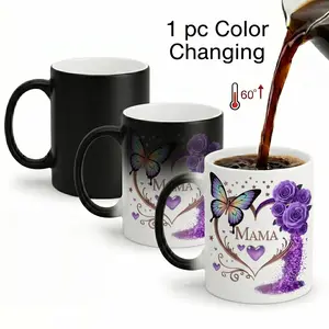 "MAMA" Purple Rose Butterfly Color Changing Mug |   Heat Reveal Magic Coffee Cup Surprise Gift for Mom, Best Mother's Day Birthday Present from Kids, 11oz Heat Sensitive Ceramic Tea Drinkware for Hot Drinks
