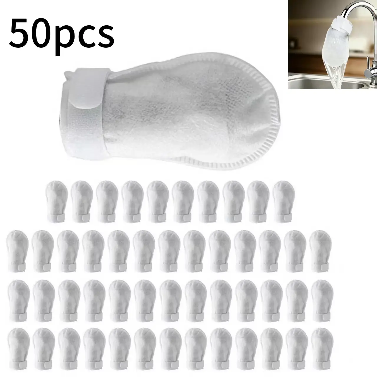 50 pcs Faucet Filter, Water Filter Replacement, Replacement Filters Set, Splash Proof Cotton Pouch Kit, Tap Filtration Cartridge with Sediment Barrier, Fine Fiber Mesh Purifier, Water Clean Guard, Kitchen Accessories for Home