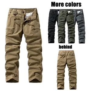 Men’s outdoor tactical straight-leg cargo pants with side zipper, multiple pockets, long length, retro street style, elastic drawstring waist, versatile commuter cargo pants