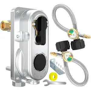 2-Stage Changeover LP Propane Gas Regulator with Two 15" RV Pigtail Propane with Gauge, QCC1 x 1/4" Inverted Male Flare, Propane LP Gas Regulator for RV Camper Trailer