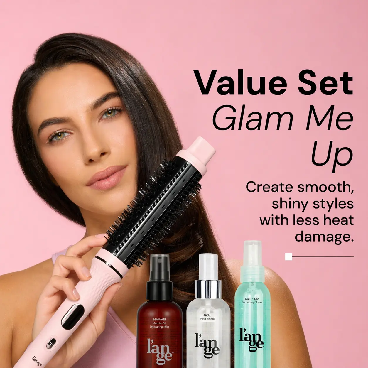 L'ANGE HAIR - Glam Me Up Value Set - Salon-Quality GlamWave Thermal Ionic Brush, Adjustable Rival Heat Shield, Lightweight Manage Marula Oil Hydrating Spray, Salt + Sea Texturizing Spray (4oz Each) for Flawless Smooth Hair, Heat Free Styler, Styling Kit,