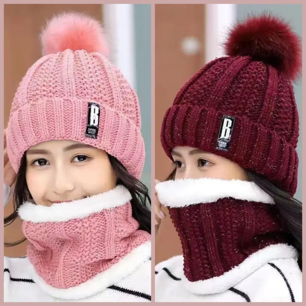 Women's 2-Piece Hat and Scarf Set, Thickened Plush Acrylic Knit Beanie for Winter Skiing & Daily Commute, Wind-Proof Outdoor Accessory, Wind/Cold Proof, Keep Warm Hats, Casual, Everyday, Acrylic Yarn, Casual Wear, Solid Knit, Face And Neck Protection Hats
