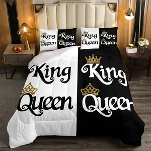 Feelyou Queen Size Crown Duvet Set - Breathable Microfiber Soft Bedding Set, Black White His Her Mr Mrs Couple Bedding for Adults, Bedroom Use, Wedding Valentine's Gift, Breathable Duvet Set, Microfiber Bedding Set