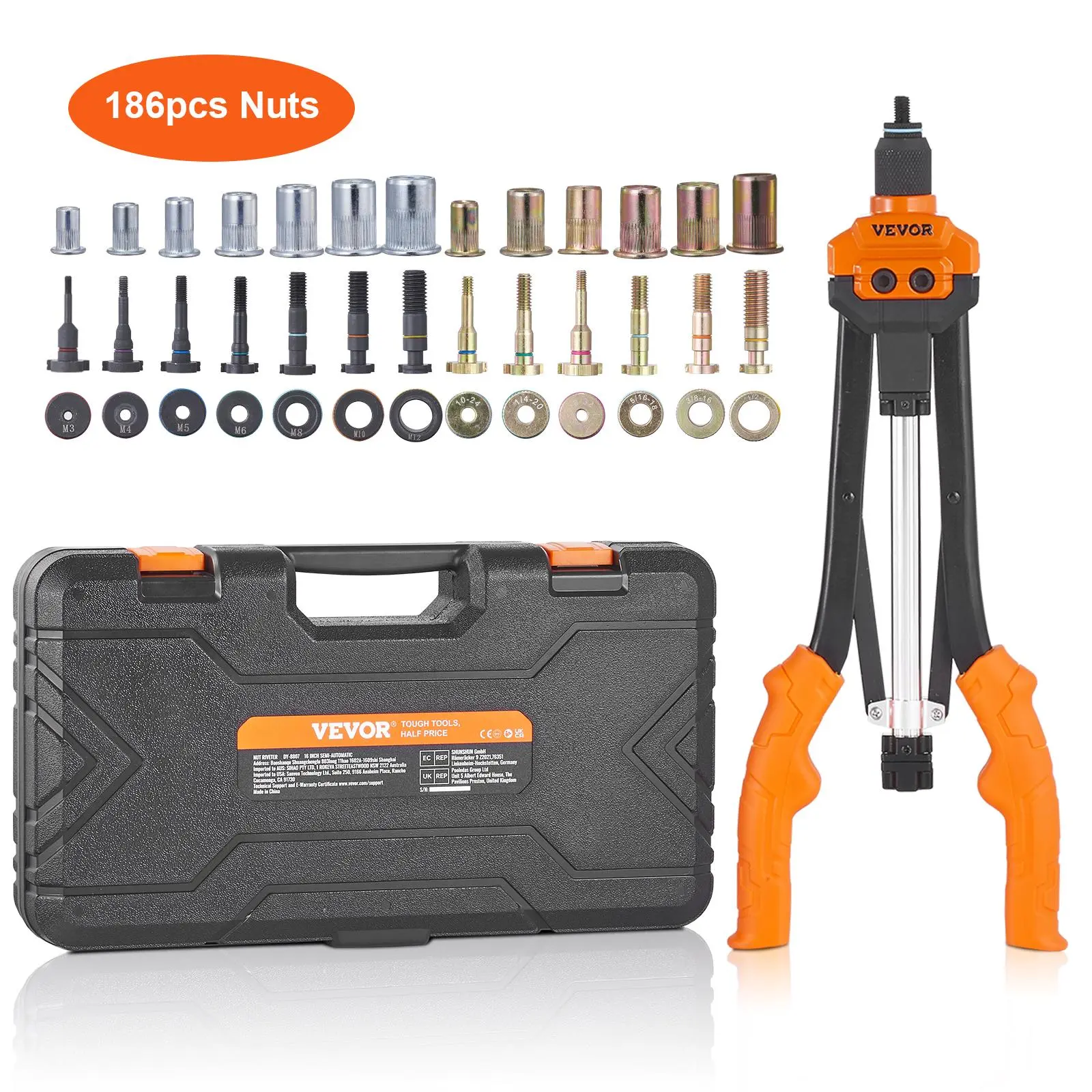【summerfinds】VEVOR Rivet Nut Tool, 16 inch Rivnut Tool Kit with 13PCS Metric and SAE Mandrels, 186PCS Rivet Nuts, Semi-auto Retraction, M3, M4, M5, M6, M8, M10, M12, 1/4-20, 5/16-18, 3/8-16, 1/2-13, 8-32, 10-24