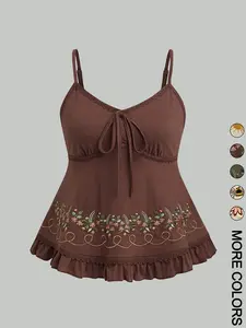 1 Pc Women's Floral Embroidered Ruffled-Hem Camisole, Casual Soft Stretchy Fabric with Adjustable Straps, Cute Embroidery Patterns (Flower/Bee/Sun), Lace-Trim Babydoll Top, Multiple Design Options