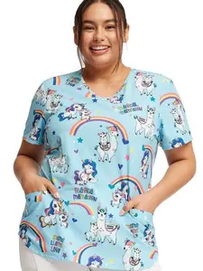 Women's Printed V-Neck Scrub Top - Rainbow Llama & Unicorn Pattern
