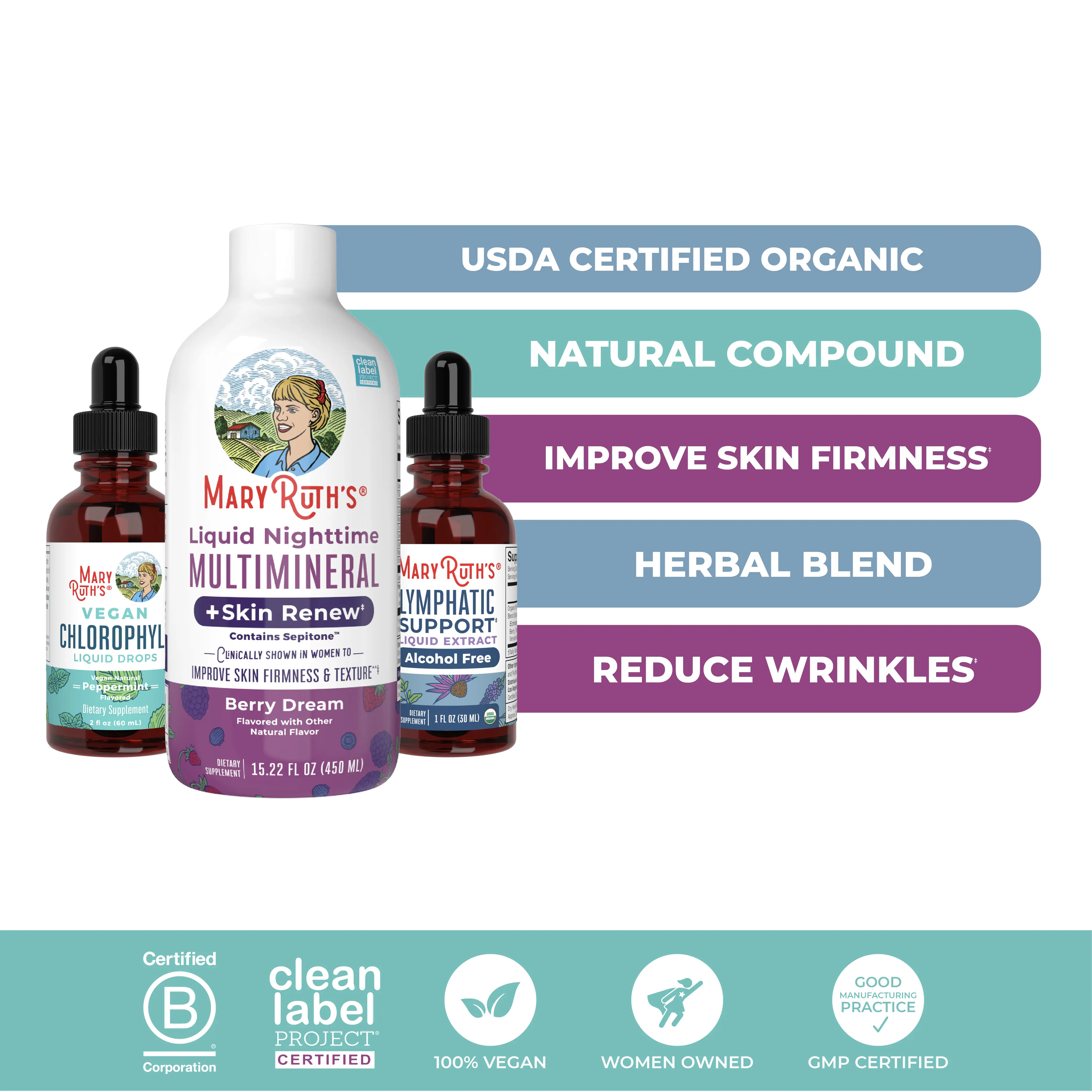 MaryRuth's Chlorophyll, Skin Renew Multimineral, & Lymphatic Support Bundle - Vegan Chlorophyll Liquid Drops 2 oz - Liquid Nighttime Multimineral + Skin Renew - Lymphatic Support Herbal Blend Liquid Drops 1 oz