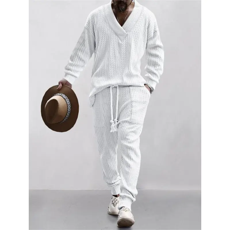 Men's Jacquard Drop Shoulder V Neck Top & Drawstring Waist Pants, Casual Fashion Pullover & Pocket Trousers for Daily Wear, Tracksuit Set, Tracksuits, Mens Jogger Sets, Sweat Suits Workout, Men's 2 Piece Set, Menswear, Clothes, Formal Wear, Sweat Set