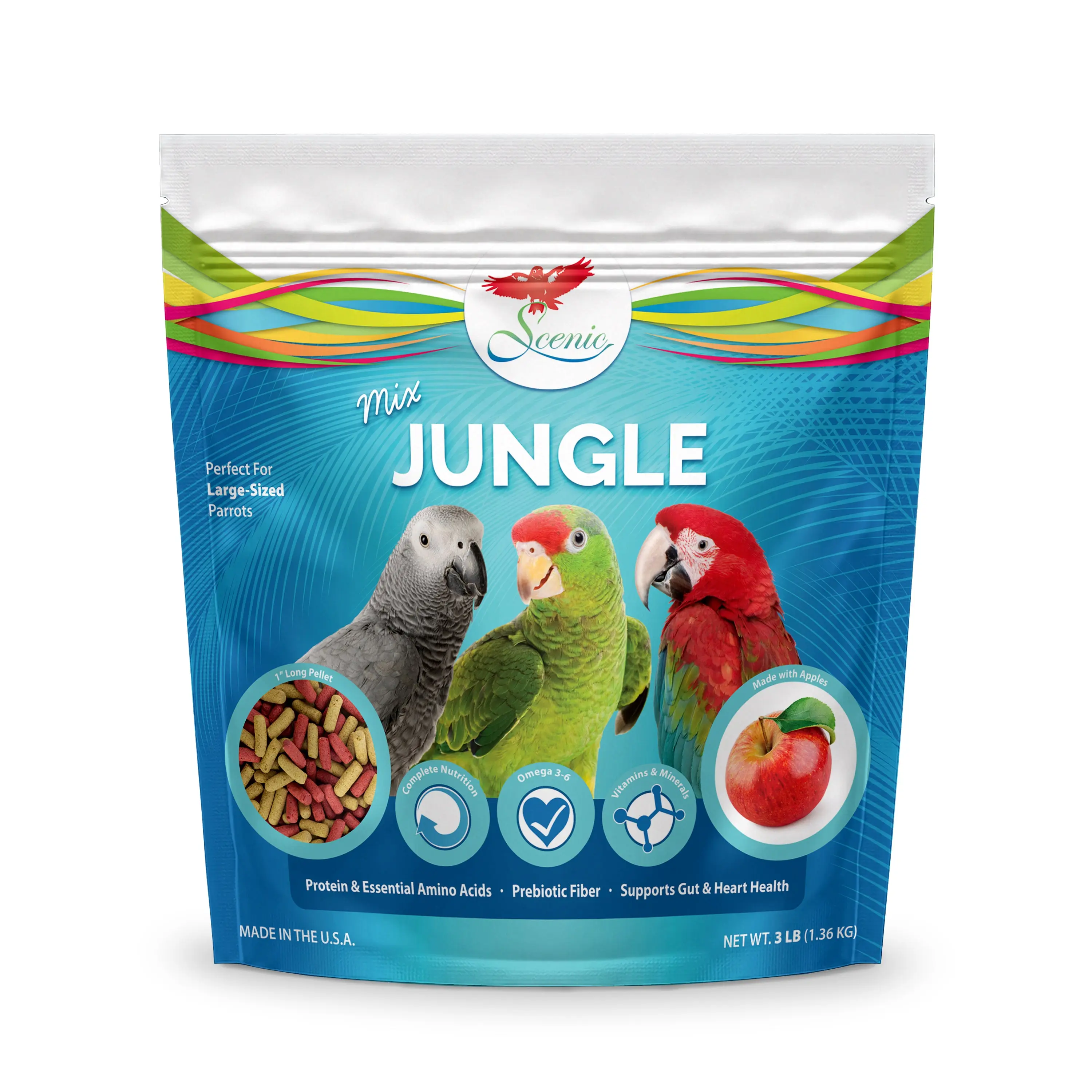 Scenic Mix Jungle Large Parrot Food - 3 lb Bag - 1" Bird Pellets - Complete Nutrition for Macaws, Amazons, Cockatoos, African Grey Parrots & More