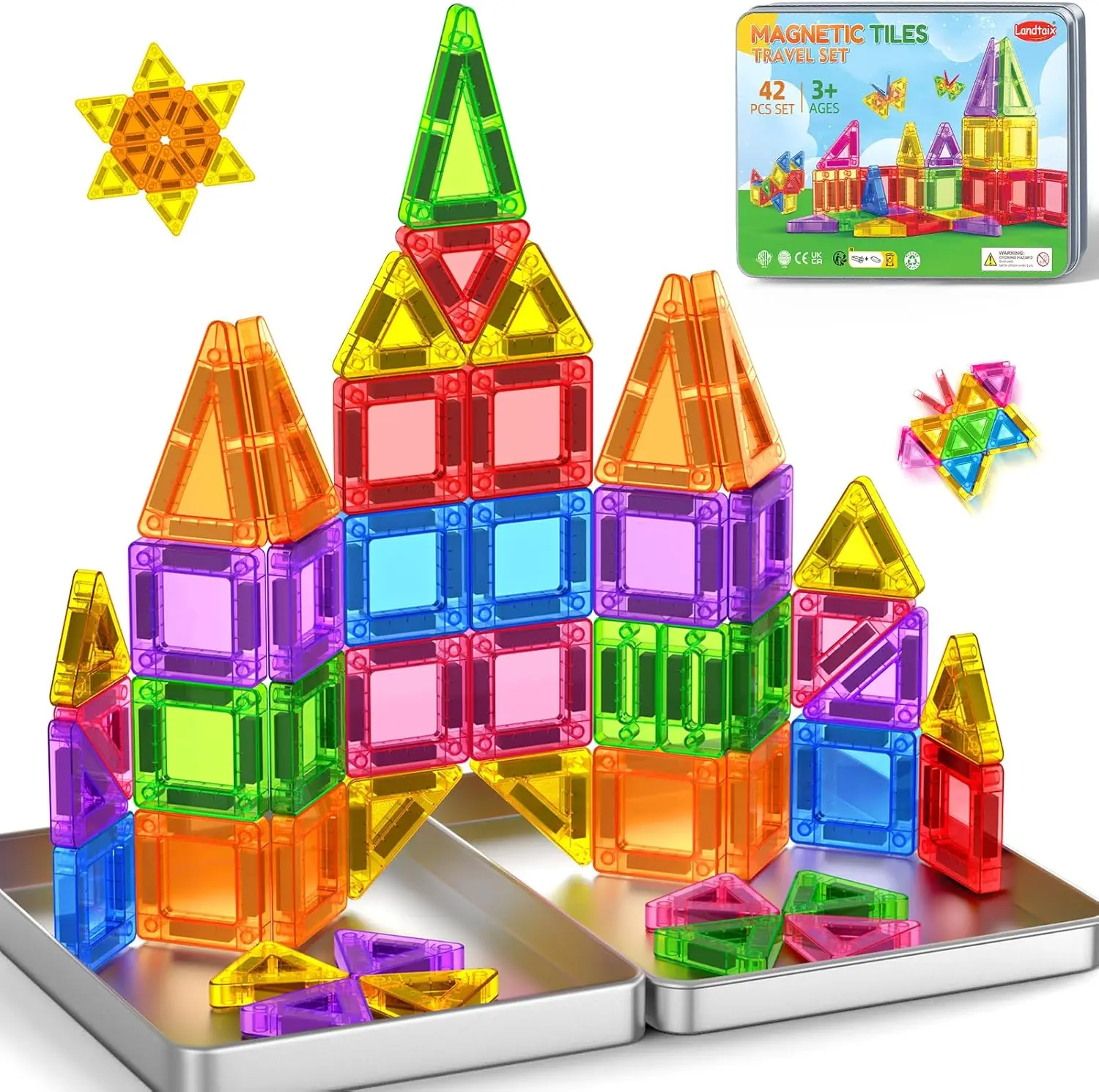 Unisex 42PCS BPA-Free Mini Magnetic Tiles Travel Set with Iron Box, STEM Building Blocks Creative Set, Fantasy & Sci-Fi Kit for 3+ Years Old Kids, Portable Educational Gifts (Christmas/Birthday) Creative Building Set Building Block Kit