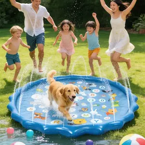 100cm Wide Kids Inflatable Water Mat, Smart Scientist Alphabet & Animal Patterns, Durable Outdoor Yard Sprinkler, Blue Lawn Toy