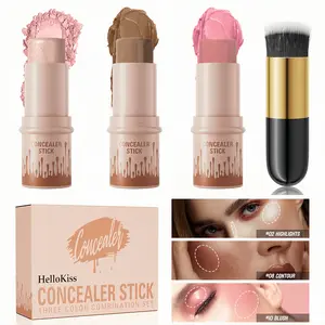 Concealer Stick Set - 3 Color Combination Highlighter Blush & Contouring Pen with Cosmetic Brush for Women & Girls Facial Makeup