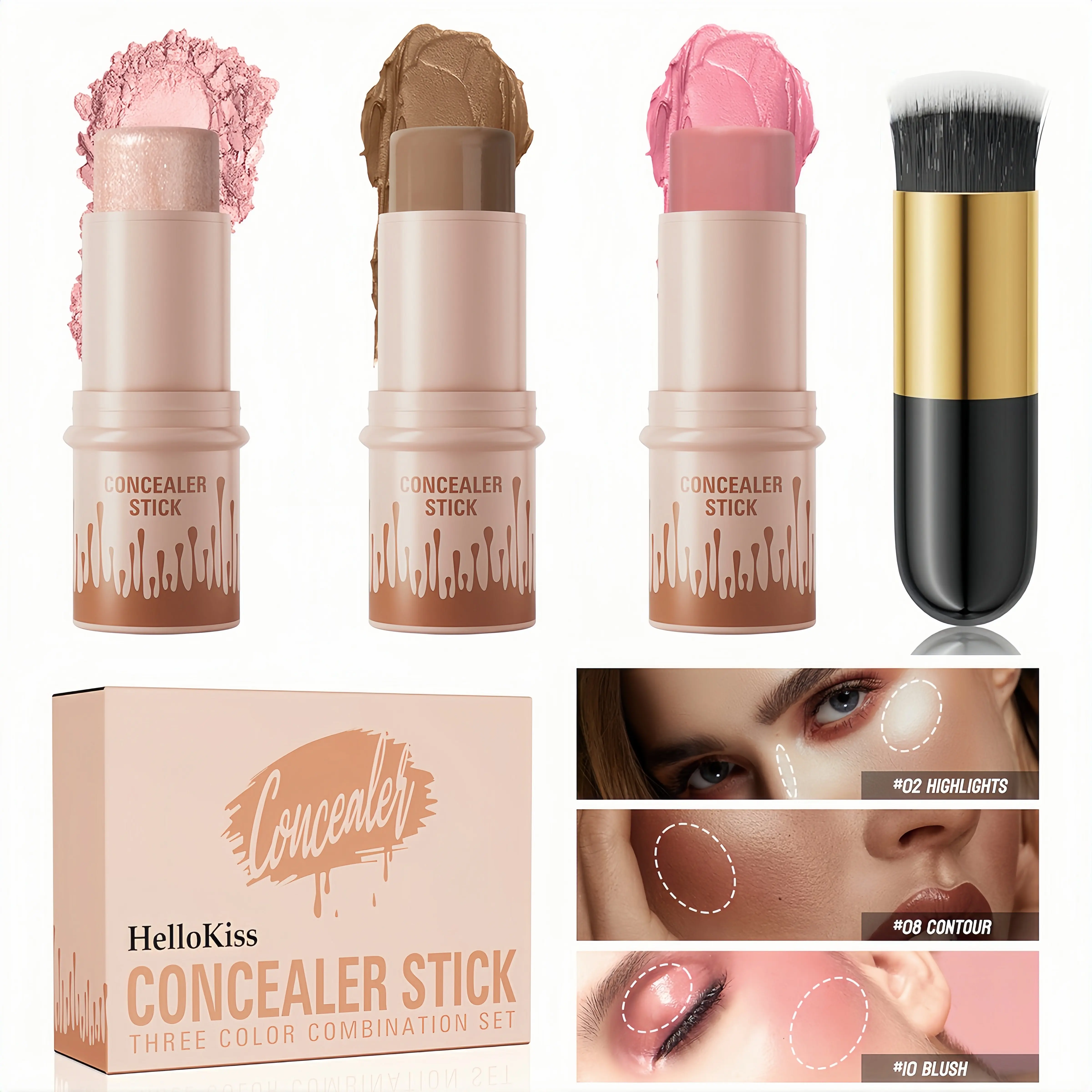 3-Piece Dual-Ended Makeup Stick Set for Color Correction, Cream Contour, Highlighter & Blush with Blending Brush, Solid Cosmetic for All Skin Types, Beauty Cosmetics, Adults, Alcohol-Free, Dual-Ended Pens, B Set, Designed For All Skin Types, Easy Fit, Mul