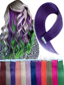 10PCS/Pack Rainbow Tape In Hair Extensions Human Hair Pieces, Highlight Hair Bundles,Straight Hair Extensions,3*0.8cm Invisible Tape In Hair Extensions Add Volume/Highlight Hair Looking For Women/Girls,Blue/Purple/Pink/Red Party/Daily Hair Looking