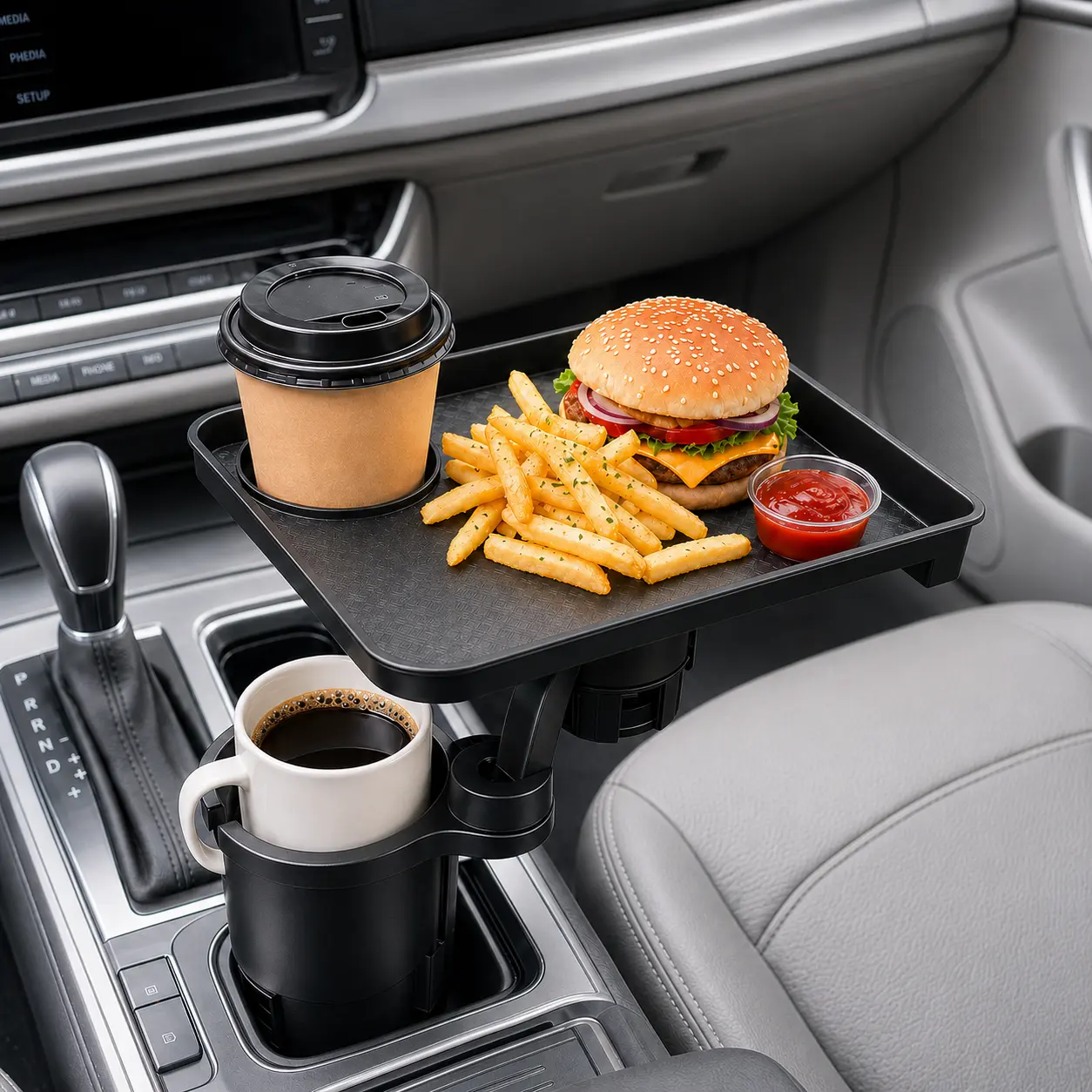 Car Cup Holder Tray Table, Rotating Food and Drink Organizer with Phone Slot, Adjustable Base for Road Trips, Lunch Breaks and Car Essentials