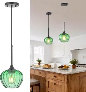 Green Glass Pendant Light, 7 Inch Vintage Small Hanging Lighting for Kitchen Island Dining Room Entryway