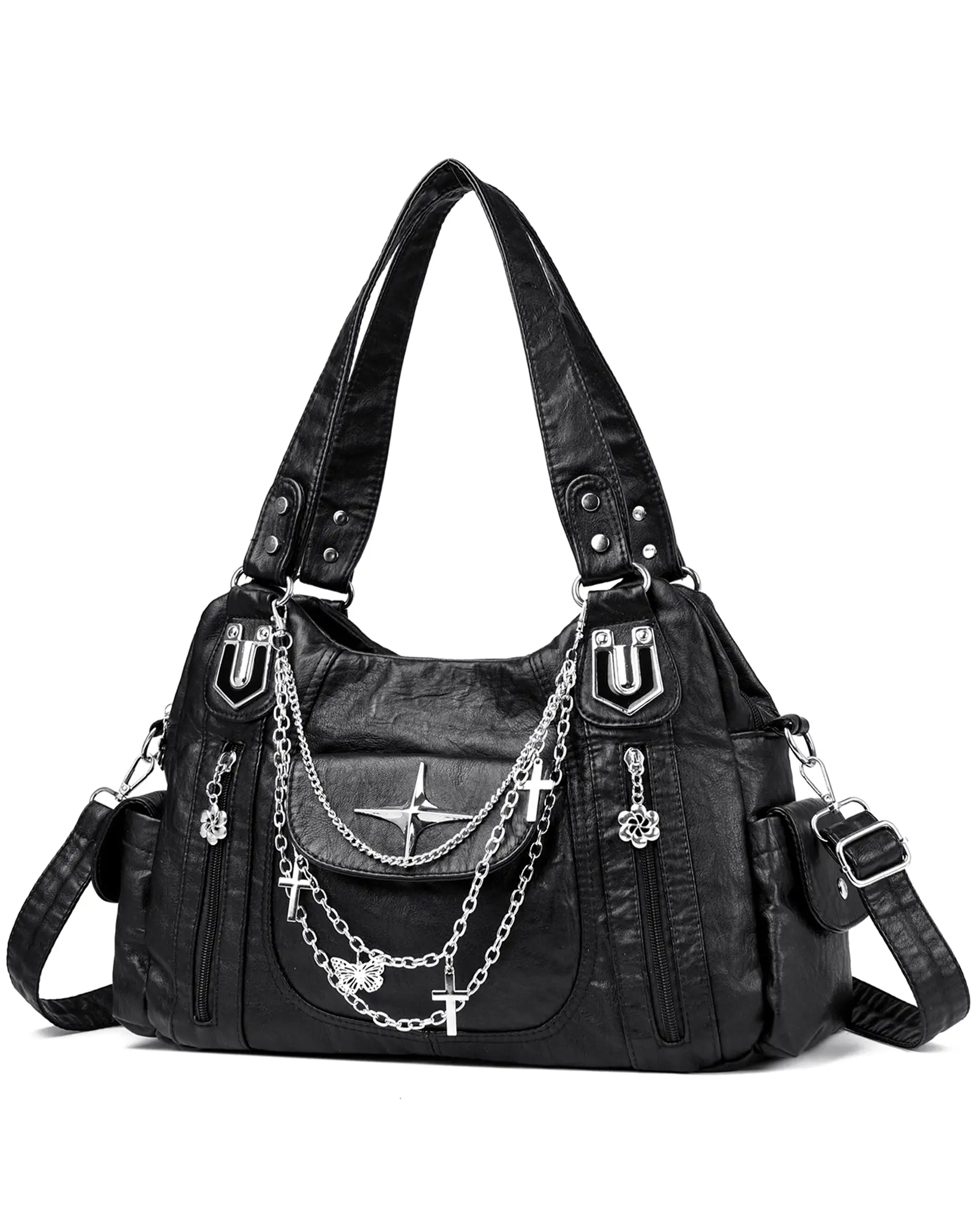 Makukke Gothic Punk Leopard Print Satchel Bag with Chain Detail - Stylish Y2K Crossbody Purse for Concerts, Festivals, & Street Style, Edgy Shoulder Bag Tote Bag for Women