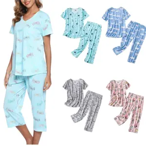 Short-sleeved cropped pants suit knitted cotton home wear suit plus size women's pajama suit night sweet thing PJs found
