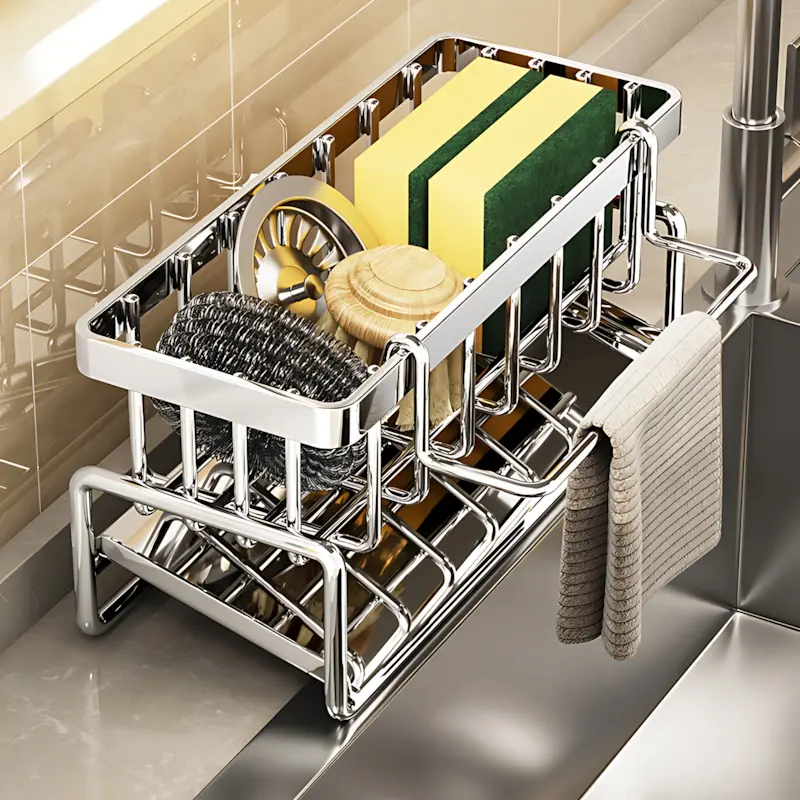 Stainless Steel Kitchen Sink Storage Rack, Multifunctional Countertop Cleaning Caddy Organizer with Towel Bar & Draining Design
