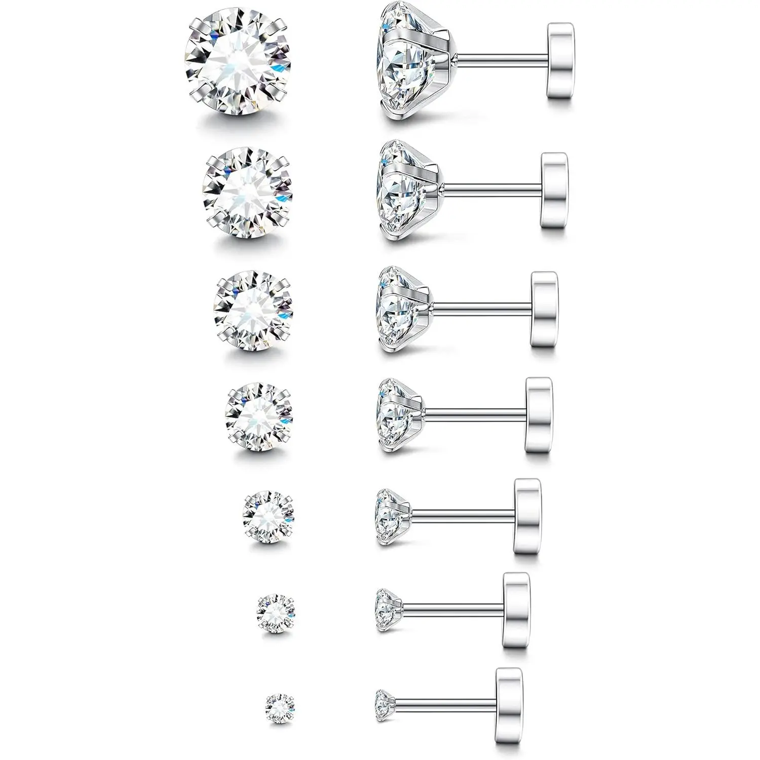 YADOCA 20G Hypoallergenic Earrings Jewelry - Silver Stainless Steel Flatback CZ Studs, Birthstone Surgical Steel Set for Sensitive Ears & Cartilage, Birthstone Earrings