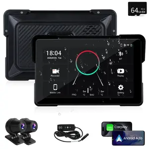 Motorcycle CarPlay & Android Auto, 7 inch Motorcycle DVR Wireless Carplay Screen for Moto with Dual 2K Cameras GPS Navigation for Motorbike, Remote Control, Voice Control, Bluetooth, TF-64G